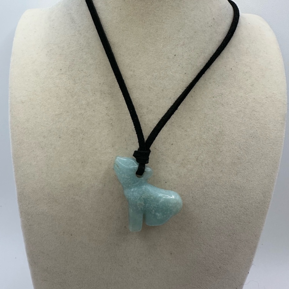 Unique Wolf Shaped Caribbean Calcite Pendant Necklace in Black Faux Suede - Picture 8 of 9